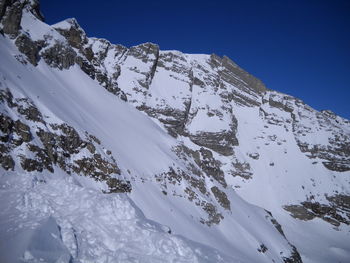 Scenic view of snowcapped mountains against clear sky