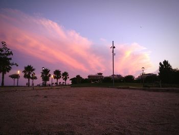 Silhouette trees on field against sky at sunset