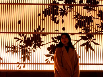 Portrait of woman standing against fence and tree during sunset