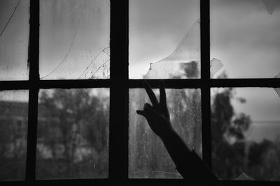 Close-up of hand against window