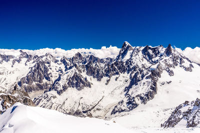 Scenic view of snowcapped mountains against clear blue sky