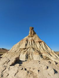 Low angle view of rock formation on land against clear blue sky