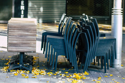 Close-up of yellow stack on table