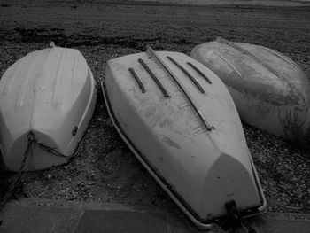 High angle view of boats moored on beach