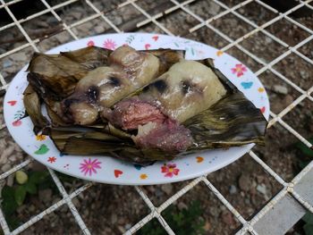 High angle view of fish on plate