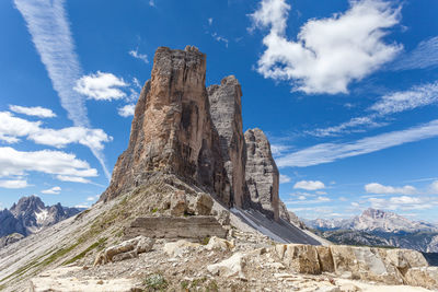 Low angle view of rock formation against sky