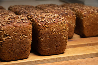 Close-up fresh brown loaves of rye bread in the form of bricks
