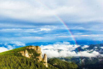 Rainbow over landscape against sky