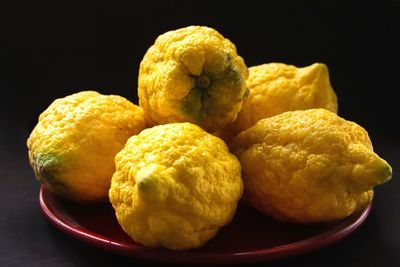 Close-up of yellow lemons in plate against black background