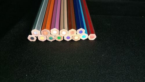 High angle view of multi colored pencils on table