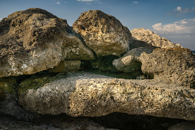 Close-up of rock formation against sky