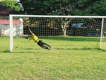 View of playing soccer on field