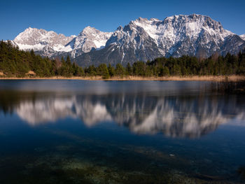 Scenic view of lake and snowcapped mountains against sky