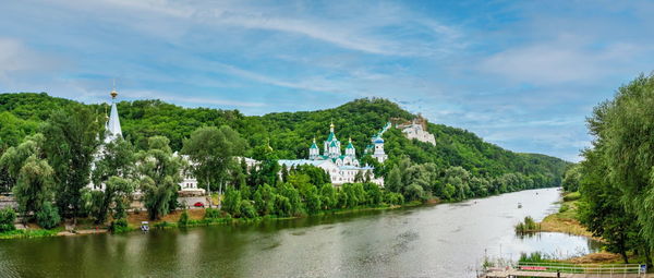 Seversky donets river near the svyatogorsk or sviatohirsk lavra on a sunny summer morning