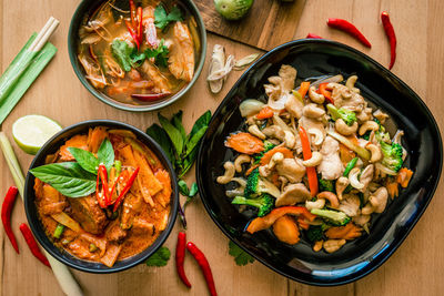 High angle view of meal served on table