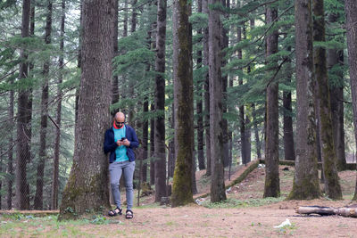 Man with mobile phone standing near a tree in forest 