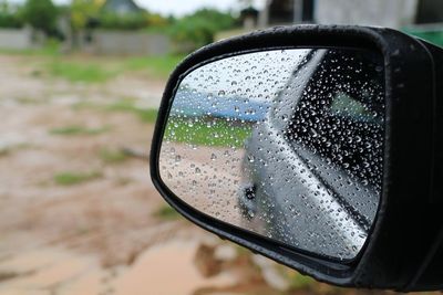 Close-up of raindrops on side-view mirror