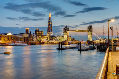 View of the river thames in london after sunset with the tower bridge and the shard in the back