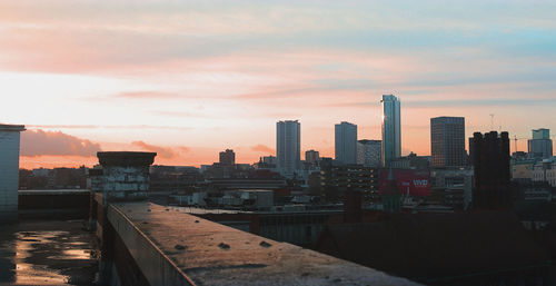 City skyline at sunset