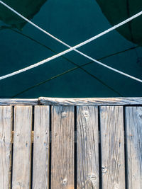 High angle view of rope on wooden fence