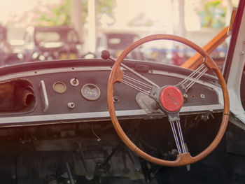 Close-up of vintage car steering wheel