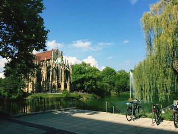 Bicycle by trees against sky