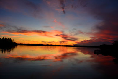 Scenic view of lake against orange sky