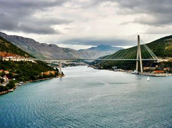 Scenic view of river and mountains against cloudy sky