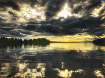 Scenic view of lake against dramatic sky