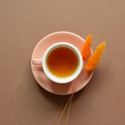 High angle view of tea cup on table