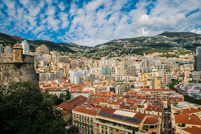 High angle shot of townscape against sky