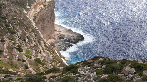 High angle view of rocks on sea shore