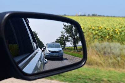 Car on field seen through side-view mirror