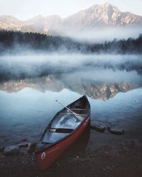 Scenic view of lake by mountains against sky