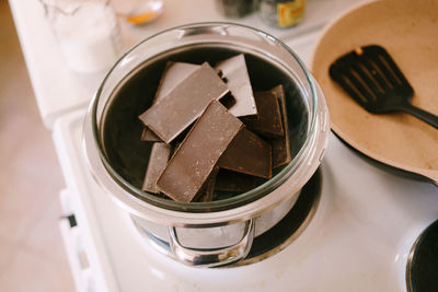 High angle view of chocolate bars in jar