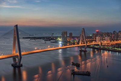 Bridge over river at sunset