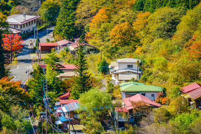 High angle view of houses in town