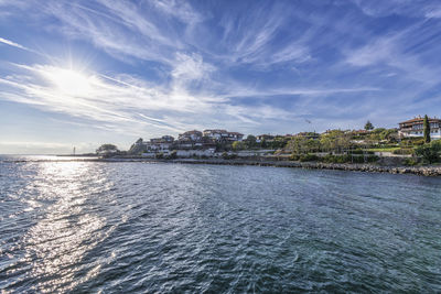 Scenic view of sea against sky in city