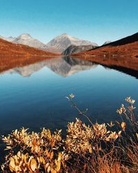 Scenic view of lake and mountains against clear sky