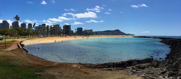 Panoramic view of beach against blue sky