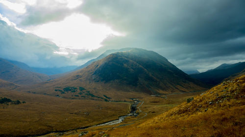 Scenic view of mountains against cloudy sky