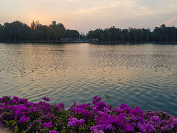 Scenic view of lake against sky during sunset