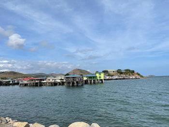 Houses by sea against sky