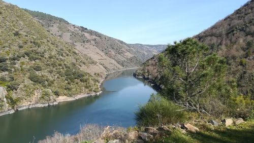 Scenic view of river amidst mountains against sky