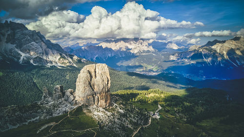 Aerial view of landscape and mountains against sky