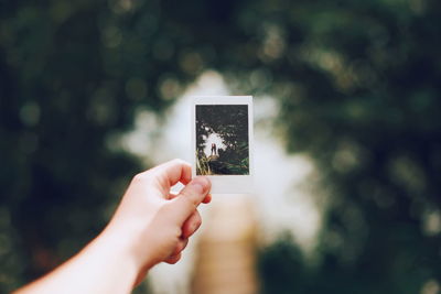 Close-up of human hand holding instant print transfer