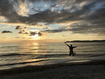 Silhouette horse on beach against sky during sunset