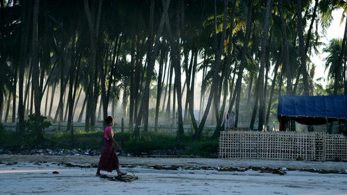 Woman standing on land against trees