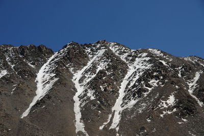 Low angle view of snowcapped mountains against clear blue sky