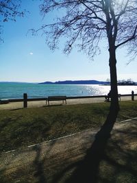 Scenic view of sea against clear blue sky